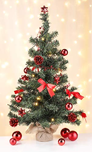 Bambelaa! Künstlicher Weihnachtsbaum Christbaum 75cm komplett geschmückt dekoriert mit Kugeln Sternen Tannezapfen Schleifen Girlande 20er LED Lichterkette 1 Stück Batterie (Rot)