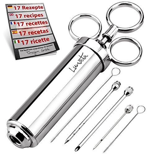 Lunata Bratenspritze aus Edelstahl mit Ebook Rezepten, Marinierspritze 60 ml inkl. 3 Nadeln, Marinadenspritze zum Grillen, Braten, Pökeln