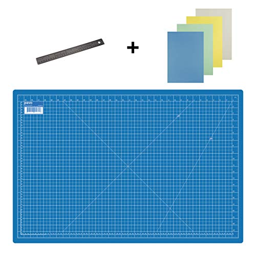 Pavo 8011469 Premium Set Schneidematte - 90x60 cm (A1) Blau + Lineal 30 cm + 20x Art & craft Papier - Premium-Qualität - für professionelle Schnittarbeiten