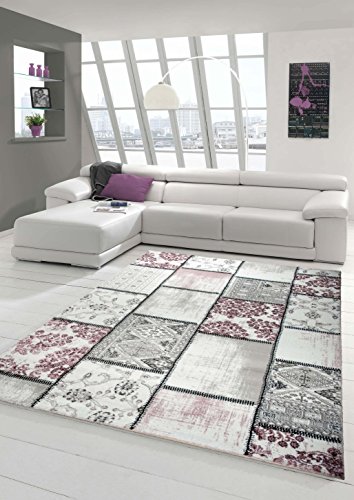 Edler Designer Teppich Moderner Teppich Wohnzimmer Teppich Patchwork Vintage Meliert Karo Muster in Lila Creme Grau Rosa Schwarz Größe 200 x 290 cm