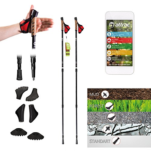 ATTRAC Nordic Walking Stöcke Classic Teleskop Verstellbar & Super Leicht inkl. Workout und Sport App Wanderstöcke mit Anti-Shock Dämpfung I Auswählbar mit Tragetasche
