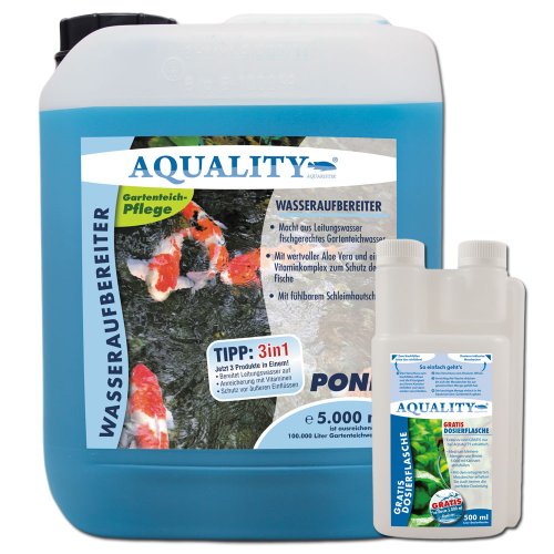 AQUALITY Wasseraufbereiter POND 5.000 ml (GRATIS Lieferung innerhalb Deutschlands - Gartenteich Wasserpflege und Aufbereiter mit Aloe Vera + Vitamin B direkt vom Hersteller. Für den perfekten Wasserwechsel und bei Neueinrichtung)