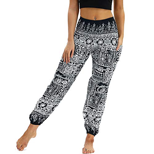 Nuofengkudu Damen Hippie Haremshose Capri Thai Hose Leichte mit Taschen Dünn Boho Ethno Blumenmuster Muster Strand Sommerhose Yogahose Schwarz Geometrie