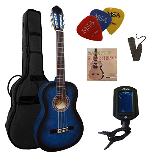 4/4 GITARRE - KONZERTGITARRE IM SET - CLASSIC - BLAU-SCHATTIERT - DECKE LINDENHOLZ - TASCHE - BAND - SAITEN - 3xPIK - STIMMGERÄT ET33B - C23