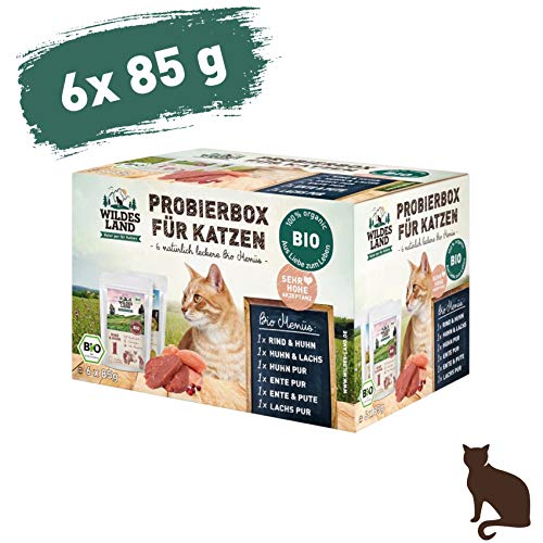 Wildes Land | Nassfutter für Katzen | Mix | Bio | 12 x 85 g | Aus kontrolliertem biologischen Anbau | Getreidefrei | Extra viel Fleisch