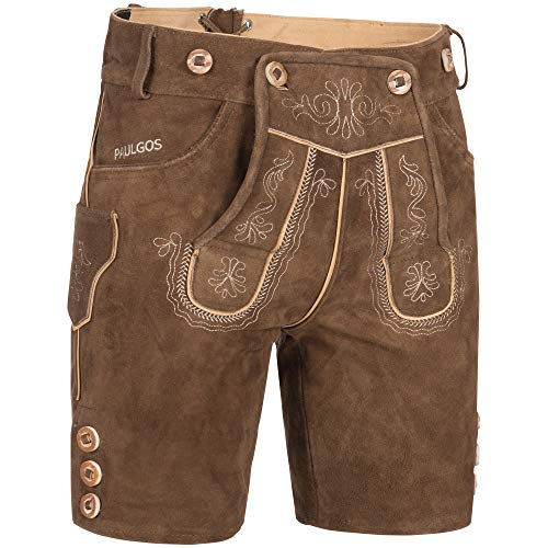 PAULGOS Herren Trachten Lederhose + Träger, Echtes Leder, Kurz in 3 Farben Gr. 44-60 HK2 (50, Hellbraun)