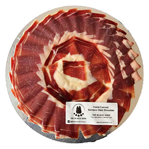 Hand Geschnitten Serrano Schinken in Scheiben (vorderschinken) +12 Monate gereift - 100 Gramm Jamon Serrano RESERVA Qualität frisch Geschnitten - Spanischer Schinken Paleta Serrana Reserva