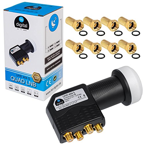 QUAD LNB LNC 4 Teilnehmer Direkt Quattro Switch 4fach FULL HD TV 3D 4K + Kontakte vergoldet + Wetterschutz (ausziehbar) SAT Satellit Kopf Satellitenempfänger in HB DIGITAL SET mit 8 F-Stecker vergoldet GRATIS dazu