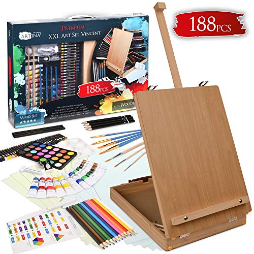 Artina 188 Teile Staffelei Set Vincent - Malset für Erwachsene und Kinder - Inkl. Kofferstaffelei Ölkreiden Aquarellfarben Acrylfarben Kohlestifte Künstlerset UVM