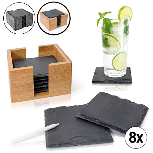 Amazy Schiefer Untersetzer (8 Stück) inkl. Kreidestift – Dekorative Glasuntersetzer aus 100 % natürlichem Schiefer mit praktischer Aufbewahrungsbox aus edlem Bambus
