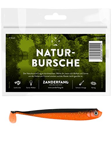 Zanderfang 4 Gummifische Zum Zanderangeln mit Gummifisch Naturbursche | Schwarz-Orange | 12,5 cm