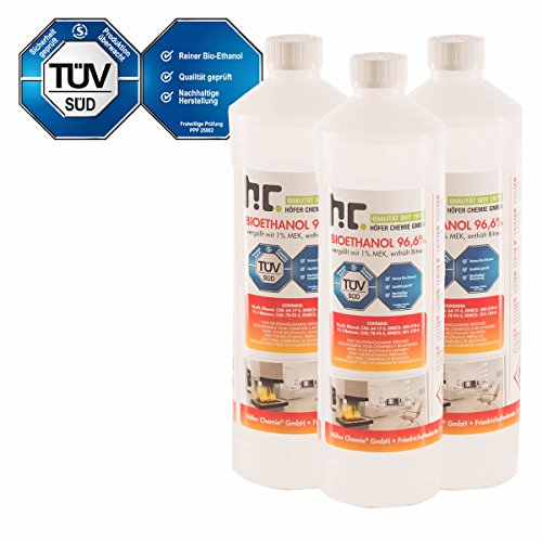 6 L Bio Ethanol Premium 96,6% (6 x 1 L) für Kamin - versandkostenfrei - in 6 sicheren 1 L Flaschen für den Gebrauch zuhause - TÜV SÜD zertifiziert