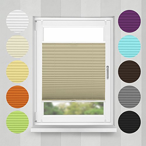 Plisse-rollo Easyfix Montage ohne Bohren (Beige, B40cm x H100cm) blickdicht Plissee Jalousie mit Klemmfix | Sonnenschutzrollo Seitenzugrollo Faltrollo Klemmträgern für Fenster / Tür | verspannt Faltstore Rollo