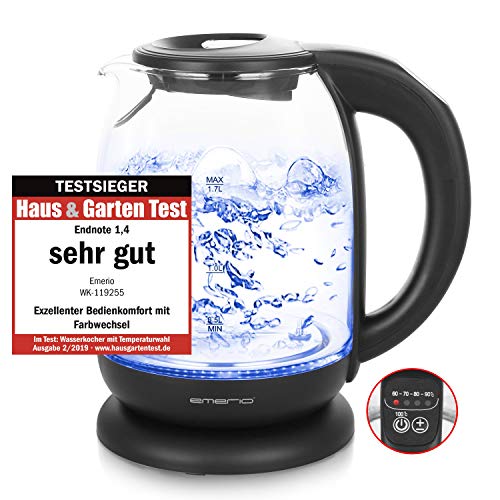 Emerio WK-119255 Glas Wasserkocher mit Temperaturwahl (60°C/70°C/80°C/90°C/100°C), Trockengehschutz, 2200 Watt, 1.7 Liter, Auto-Off 1.7 liters, Schwarz