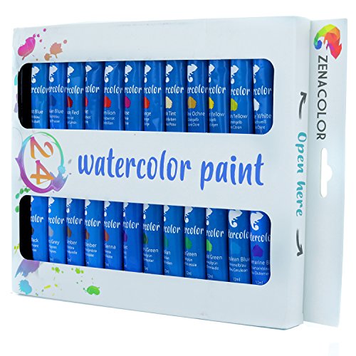 Set mit 24 Aquarellfarben von Zenacolor - 24 Tuben je 12 ml – Besonders hochwertige und nicht-toxische Wasserfarben - 24 einzigartige und unterschiedliche Farben – Ideal für Anfänger und Profis – Reich an Farbpigmenten und schnelltrocknend – Perfekt zum Bemalen von Leinwänden, Tuch, Papier oder Karton
