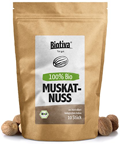 Muskatnuss (10 - 12 Stück, 70g, Bio) I Ganze Muskatnüsse I Top Bio-Qualität (DE-ÖKO-005) I Handverlesen, verpackt und kontrolliert in Deutschland (DE-ÖKO-005)