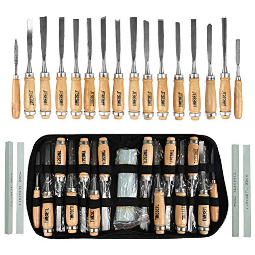 TIMESETL 14Stück Hohlbeitel Stechbeitel Meißel Set, Stechbeitelsatz Holzschnitzerei Hand Meißel Werkzeug Holzbearbeitung Meißel Set mit 4St. Schleifsteine Beutel für Profis und Anfänger DIY Holz Craft