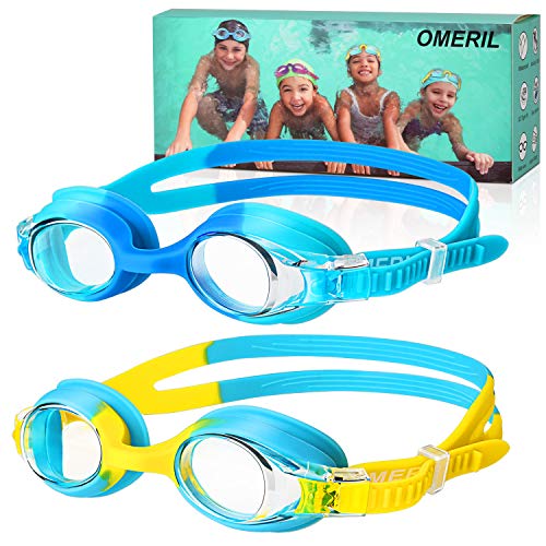 OMERIL Schwimmbrille Kinder [2 Stücke] Swimming Goggles, Antibeschlag Lecksicher Wasserdicht und Weiches Silikon Swim Goggles, Größenverstellbar, Premium Schwimmbrille für Kinder mit Tragbare Tasche