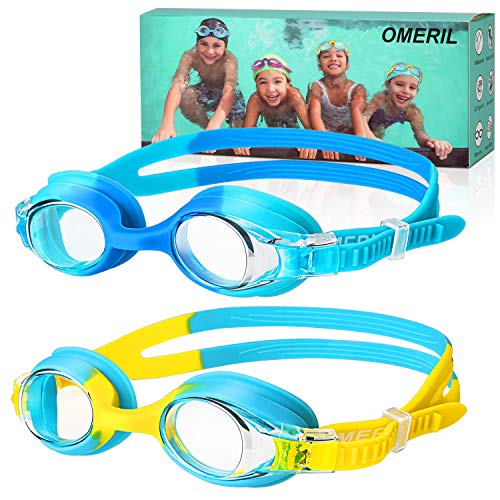 OMERIL Schwimmbrille Kinder [2 Stücke] Swimming Goggles, Antibeschlag Lecksicher Wasserdicht und Weiches Silikon Swim Goggles, Größenverstellbar, Premium Schwimmbrille für Kinder mit Tragbare Tasche