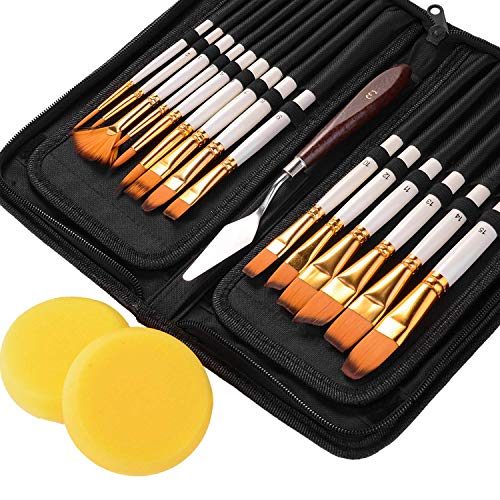 EKKONG Pinselset 18 Stück, Malen Künstlerpinsel für Aquarellmalerei Ölmalerei Flachpinsel Bürste mit Tragetasche, Spachtel und Schwämmen Premium Nylon Pinsel für Anfänger, Kinder und Gemälde Liebhaber