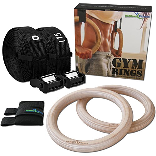 Turnringe Holz Gym Rings von BeMaxx Fitness + Türanker & Trainingsguide – Olympische Gymnastik Holzturnringe & Gurte + Markierungen | Turnerringe | Gymnastikringe | Crossfit Ringe | Kinder, Erwachsene