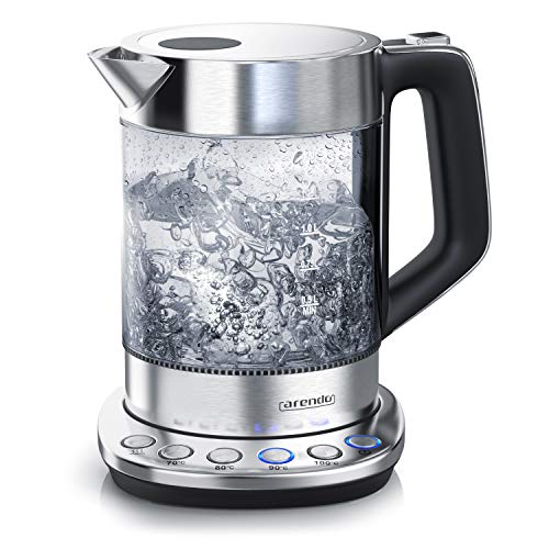 Arendo - Glas Wasserkocher mit Temperatureinstellung | Warmhaltefunktion (30min) | 1,5 Liter Füllmenge | robustes Borosilikatglas | Basisstation aus Edelstahl | Modernes Design | Zertifiziert BPA Frei