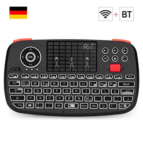 Rii i4 Mini Tastatur Wireless (Bluetooth 4.0 + 2.4G Wireless), Multimedia Tastatur mit Touchpad Maus, Mini Wireless Keyboard with Scrollrad und LED Hinterleuchtet （Deutsches Layout, schwarz）