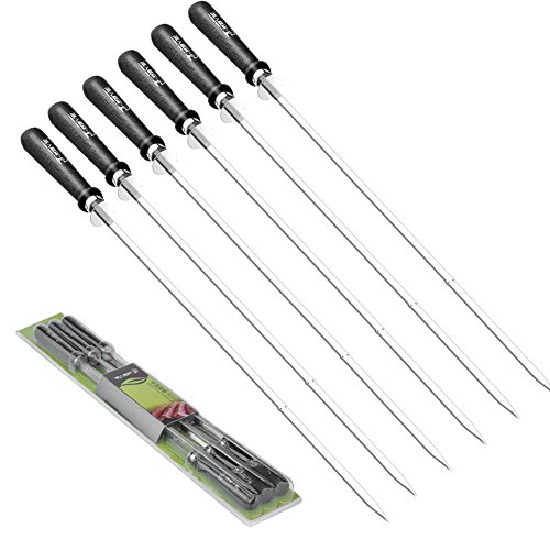SZSMD Grillspieße Edelstahl, Grill Spieße 6 St. 52CM Grillspieß Fleischspieße, Flat Schaschlikspieße mit Holzgriff & Abnehmbare Schnalle