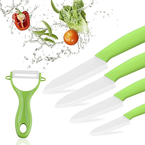 SUPERSUN Keramikmesser Set, Küchenmesser Set mit Schutzhülle Kochmesser Rostbeständig und Fleckenbeständig Keramikmesser aus Gesundem Zirkonium 4-Teilig Allzweckmesser und 1 Sparschäler, Grün