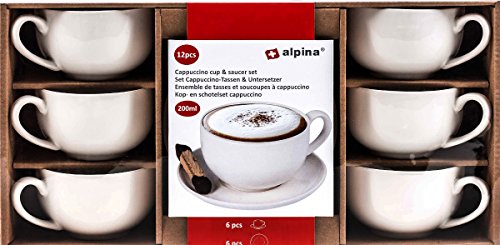 Cappuccinotassen Set 12-teilig, 6 Tassen, 6 Unterteller, Volumen 200 ml, 6 Personen, weiß