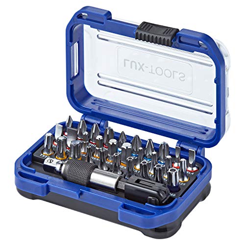 LUX-TOOLS Bit-Set, 32-teilig | Praktischer Bit-Satz in Aufbewahrungs-Box mit Flachschlitz- & Sechskant-Bits, TX- & TT-Bits sowie PH- & PZ-Bits inkl. magnetischem Bithalter & Stecknuss-Adapter