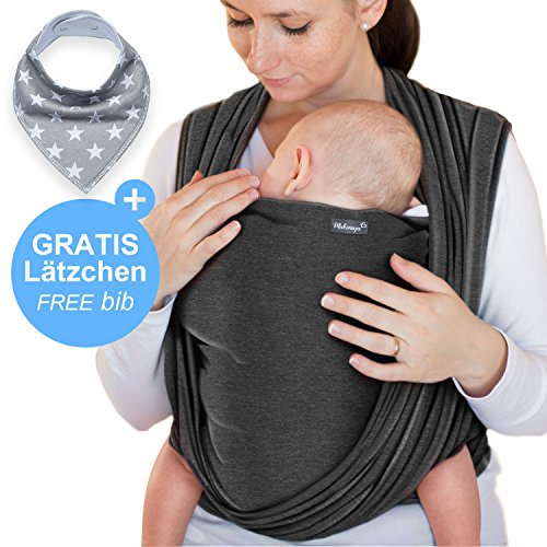 Babytragetuch Dunkelgrau – hochwertiges Baby-Tragetuch für Neugeborene und Babys bis 15 kg – aus schonender Baumwolle – inkl. Aufbewahrungsbeutel und GRATIS Baby-Lätzchen – liebevolles Design von Makimaja