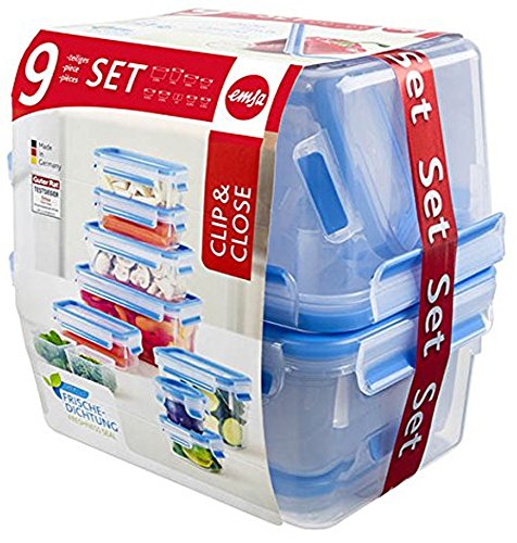 Emsa 516945 Frischhaltedosen Set, Verschiedene Größen, Einsätze, 9er Pack, transparent/blau