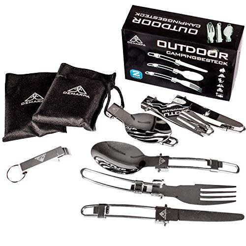 DEMARPA Doppelpack Campingbesteck aus hochwertigem Edelstahl. Platzsparendes Klappbesteck Outdoor-Set (2 Löffel, 2 Gabeln, 2 Messer) (Set)