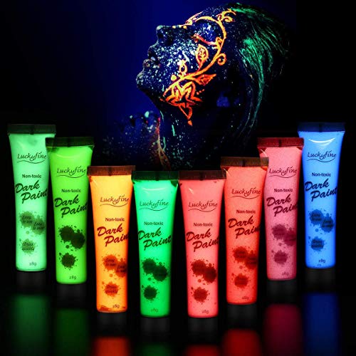 Neon Bodypainting Schminke Set, Luckyfine 8 Farben 28ml Körpermalfarben Kit für Body und Facepainting, für knalligen Glow-Effekt, Geeignet für Festivals, Weihnachten, Tänze & Party