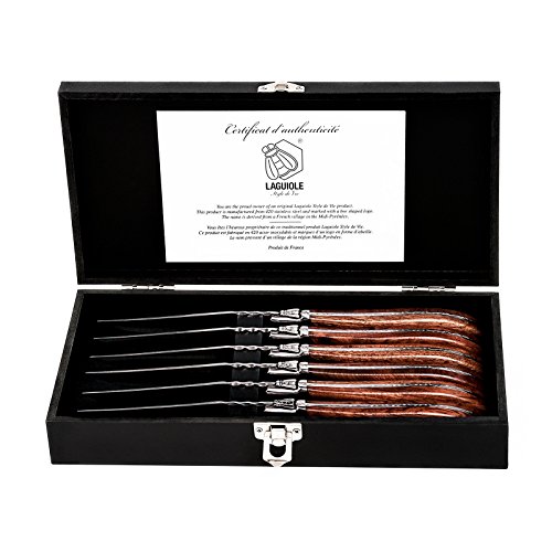 LAGUIOLE STEAKMESSER SET 'LUXIVIO' | silber/natur, Edelstahl, Rosenholz | 6 Messer