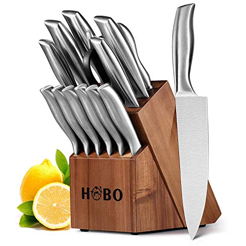 HOBO Messerset, 14-teilig, Küchenmesser Set, Hölzerner Messerblock Set, Kochmesser Set mit Spitzer, Hoher Edelstahl, Besteckset Geschenk (Silber)