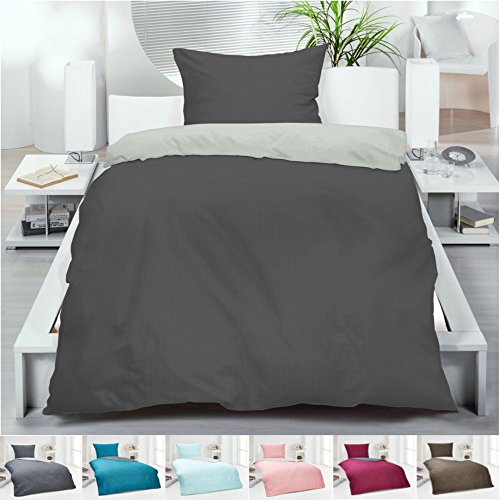 BFW Uni Microfaser Wende Fein Seersucker Bettwäsche 135x200 155x220 Einfarbig 80x80 Kissenbezug, Größe:135 x 200 cm, Farbe:Silber-GRAU