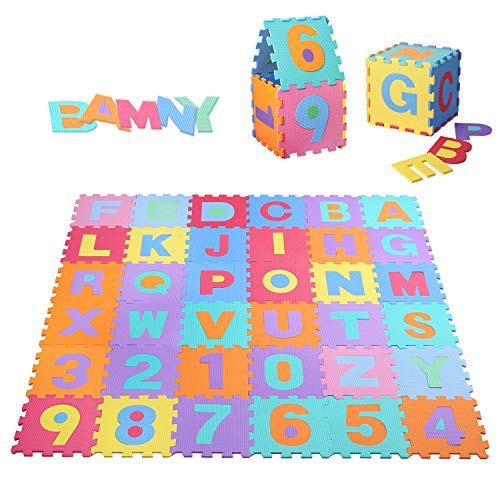 BAMNY 36 Puzzlematte für Babys und Kinder, Spielteppich Spielmatte Lernteppich Kinderspielteppich Schaumstoffmatte Matte bunt, Buchstaben und Zahlen, Maß je Matte ca.32.5cmx 32.5cm x 1cm