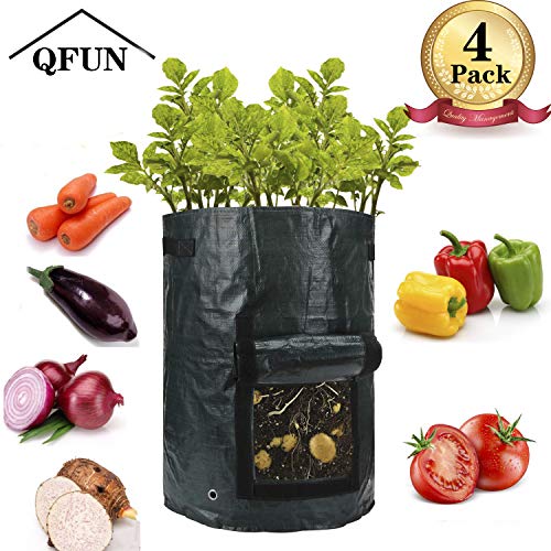 QFUN 4 Stück Pflanzsack groß, Pflanzbeutel Pflanztasche Pflanzsäcke Wachsende Tasche Kartoffelsack zum Kartoffeln, Tomaten, Kräuter usw (Schwarz Per Stück 10 Gallonen,35 x 45cm)