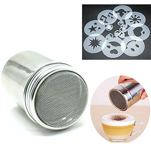Puderzucker-/Kakaostreuer aus Edelstahl + 16 Cappuccino Kaffee Schablonen Vorlage Duster Spray Art