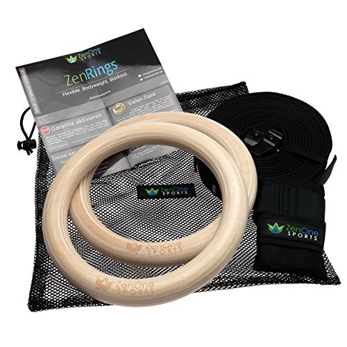 ZenRings Turnringe Holz Gym Rings mit Türverankerung und Gurten inkl. GRATIS E-BOOK mit Workout-Guide & Tasche | Premium Gymnastik-Ringe aus Holz für das effektive Training Zuhause