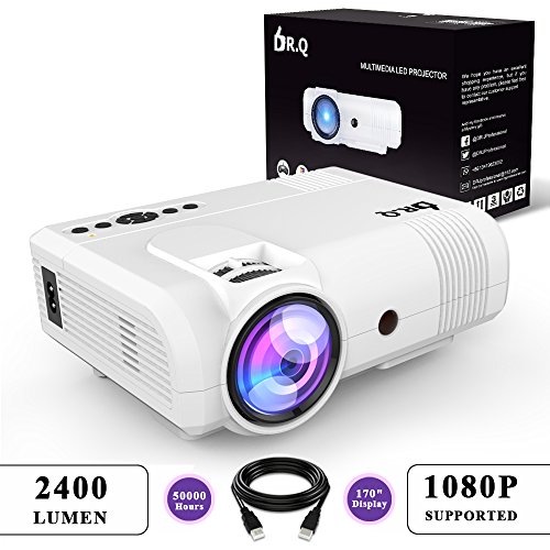 DR.Q 2400 Lumen Beamer (+20% Bildhelligkeit), mini Beamer mit 170' Display, 50000 Stunden, Video Beamer unterstützt 1080P, Verbindung mit TV Stick HDMI VGA USB AV TF Gerät, mit HDMI und AV Kabel, Weiß