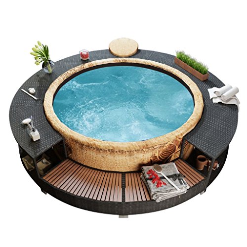 Galapara Rattan Spa Umrandung Rund für Whirlpool Spa Poly Rattan Hartholz Rund, Lay-Z-Spa Whirlpool Palm Springs, Schwarz