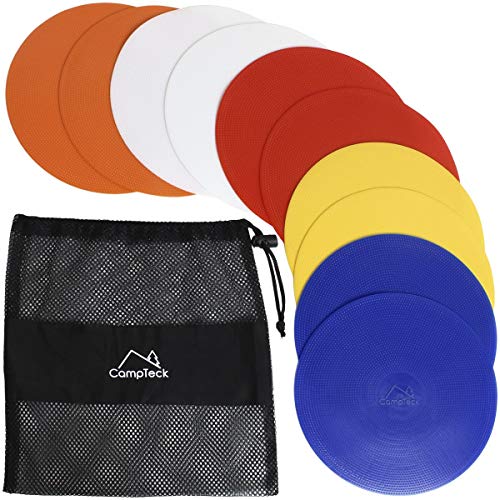 CampTeck U6934 - Runde PVC Flache Markierungshütchen biegsam Sport Markierungsteller - (10er Pack) mit schwarzer Netztasche - Hütchenfarben: Orange, Blau, Rot, Weiß, Gelb