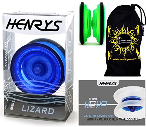 Henrys LIZARD YoYo (Blau) Professionelle Entry-Level-YoYo + Lehr-Broschüre von Tricks + Stoff Reisetasche! Große Pro YoYo für Kinder und Erwachsene! AXYS-Systemachse Slider mit High-Speed-Lager.