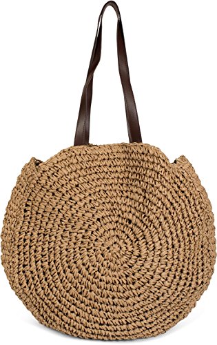 styleBREAKER runde Korbflecht Schultertasche, Strandtasche mit langen Henkeln, Flechttasche, Tasche geflochten, Shopper, Damen 02012232, Farbe:Braun