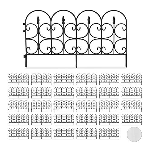 Relaxdays 30 TLG. Beetzaun Set aus wetterfestem Kunststoff, 30cm hoch, schöner Dekozaun, mit Erdspießen, 20m Zierzaun, schwarz