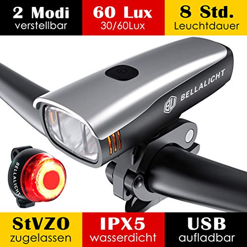 Fahrradlicht LED Set, Fahrradbeleuchtung 60 Lux 2 Leuchtstärke, Fahrradlichter USB Aufladbar, Fahrradlicht Akku Vorne Hinten Fahrrad Licht Frontlicht Rücklicht, Fahrradlampe Set IPX5 StVZO Zugelassen