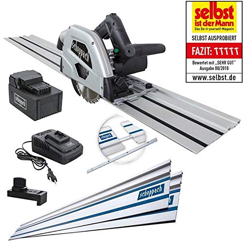 Scheppach Akku Tauchsäge mit Führungsschiene PL55Li (inkl. 36V 2Ah Akku, Schnitttiefe: 55mm, Sägeblatt-Ø: 160mm, 24 Zähne, Schrägstellung mit Kippschutz für Schnitte von 0 bis 45°) - Black Edition